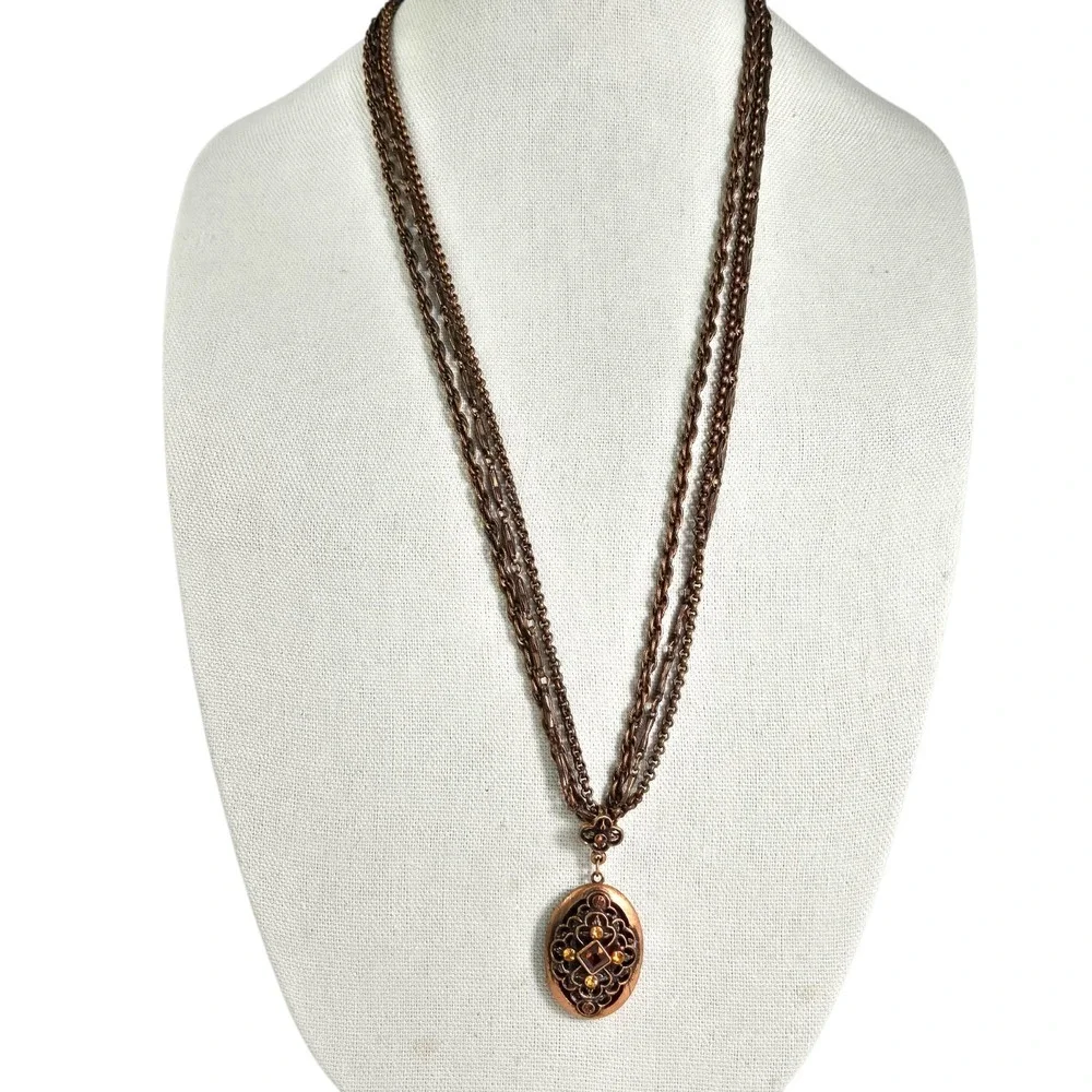 1928 Jewelery Co Copper Rinestone Picture Locket Necklace Victorian NWOT Vintage